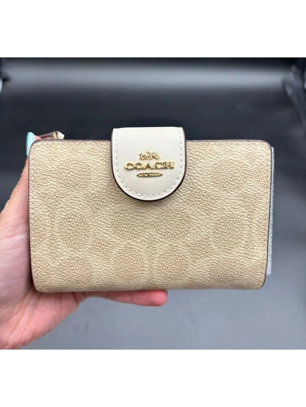 Coach Beige Leather Flap Wallet – Gold Logo – New
